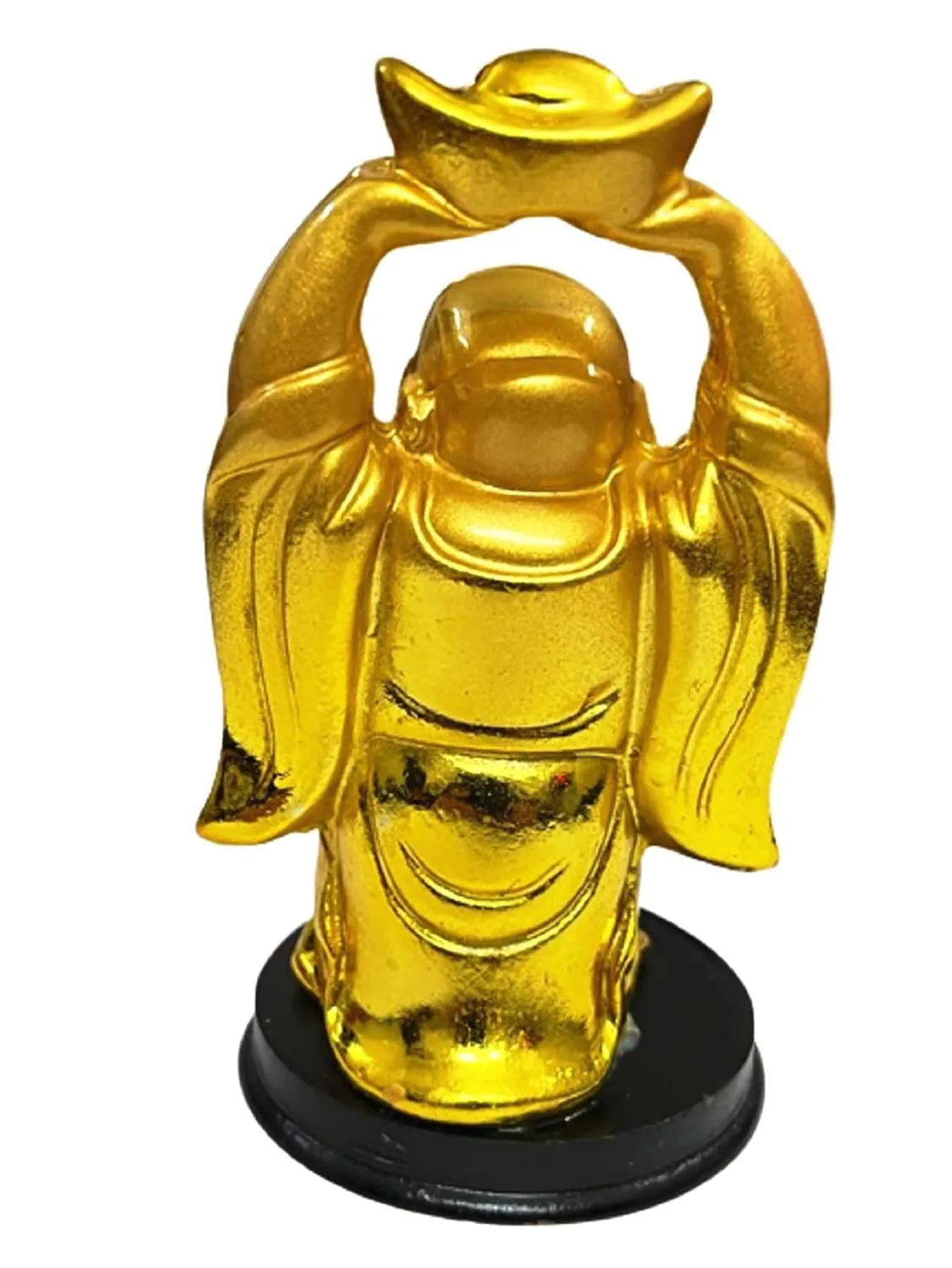 All in ONE Warehouse Laughing Buddha Raising Hand and Holding Chinese Ingot - Bring Prosperity to Your Home and Workspace - 12 cm (Polyresin, Gold)