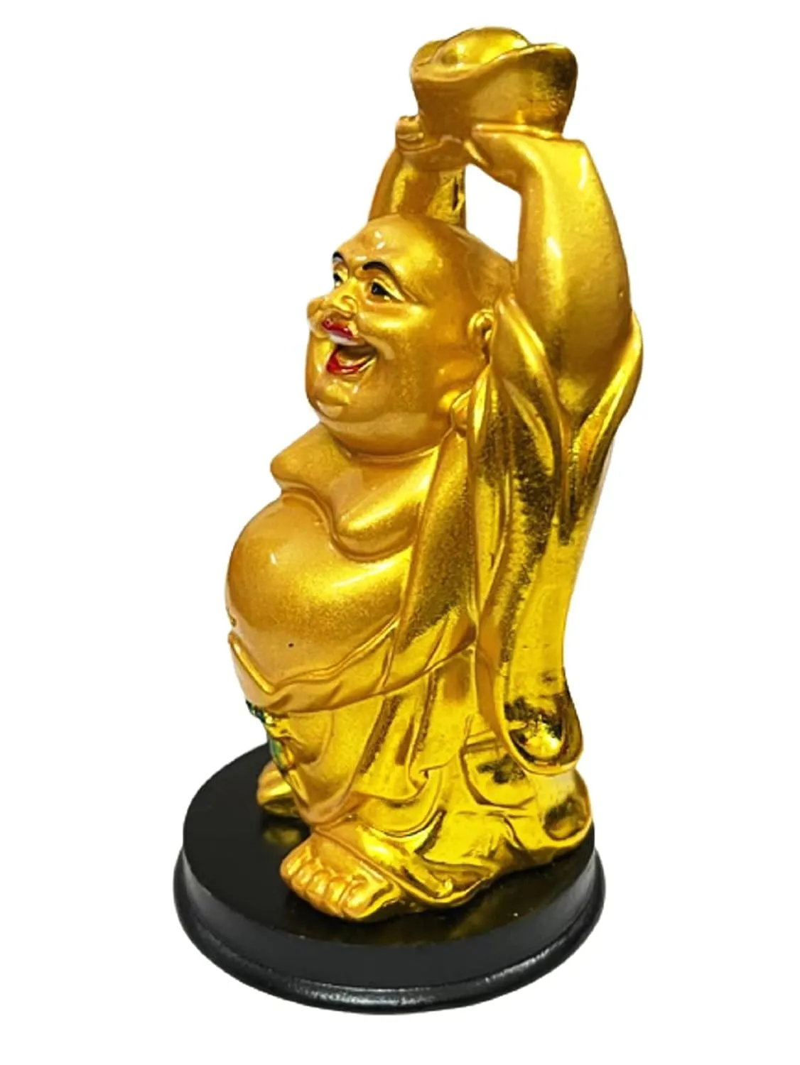 All in ONE Warehouse Laughing Buddha Raising Hand and Holding Chinese Ingot - Bring Prosperity to Your Home and Workspace - 12 cm (Polyresin, Gold)