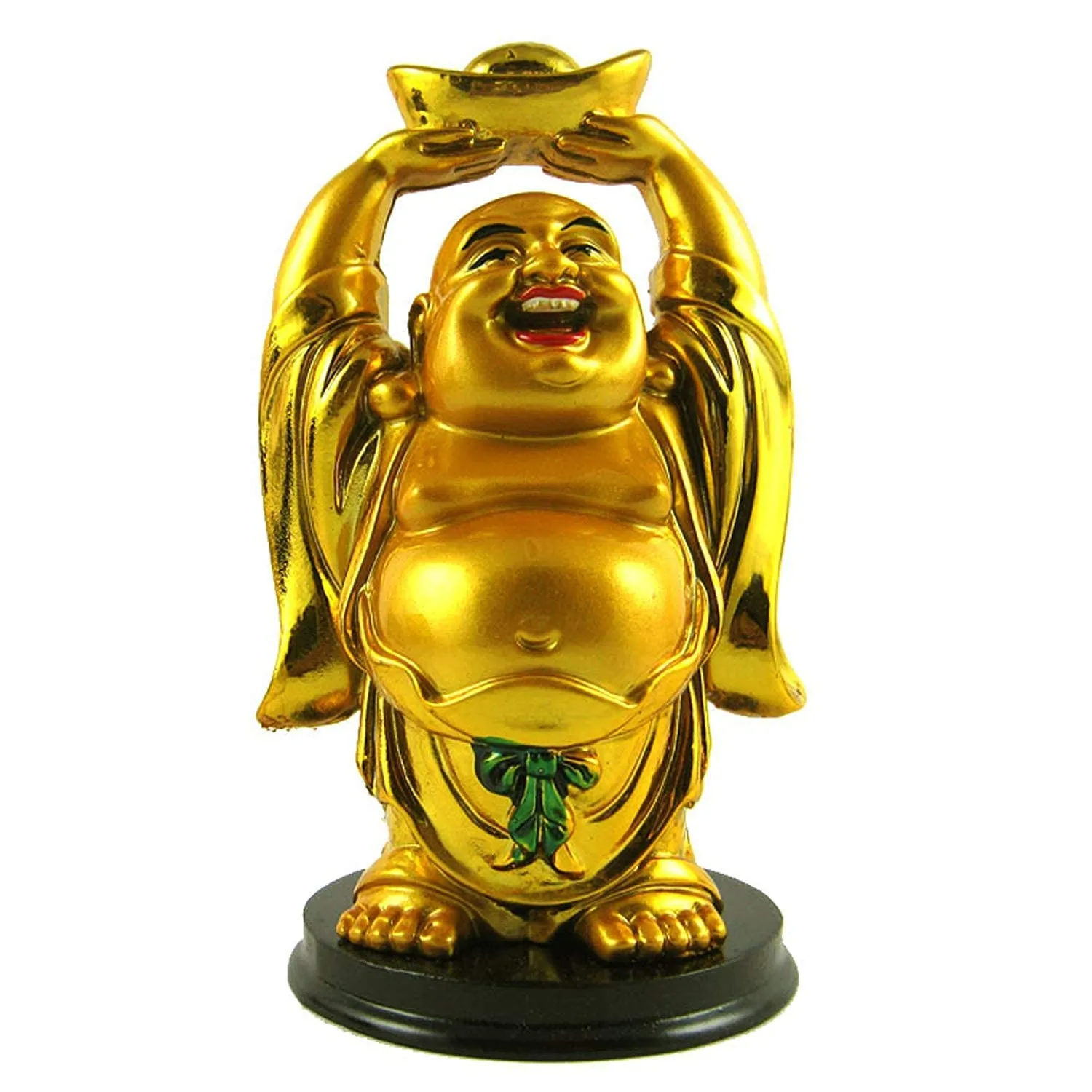 All in ONE Warehouse Laughing Buddha Raising Hand and Holding Chinese Ingot - Bring Prosperity to Your Home and Workspace - 12 cm (Polyresin, Gold)