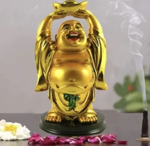 All in ONE Warehouse Laughing Buddha Raising Hand and Holding Chinese Ingot - Bring Prosperity to Your Home and Workspace - 12 cm (Polyresin, Gold)