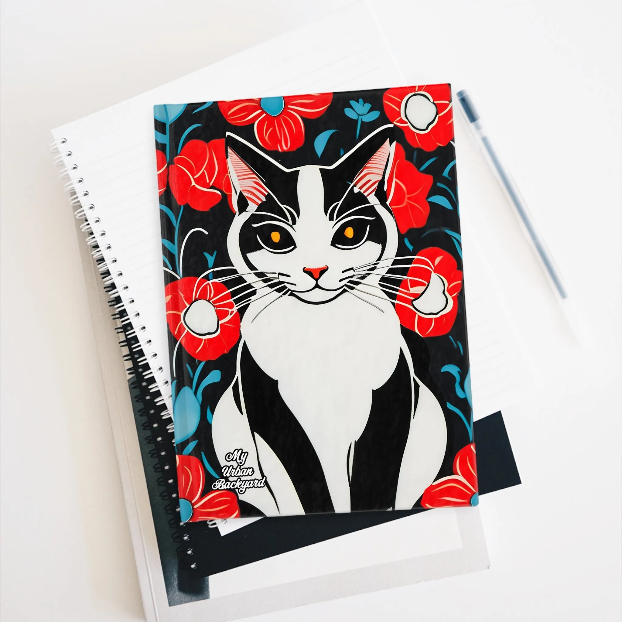 Cat with Red Flowers, Hardcover Notebook Journal - Write in Style