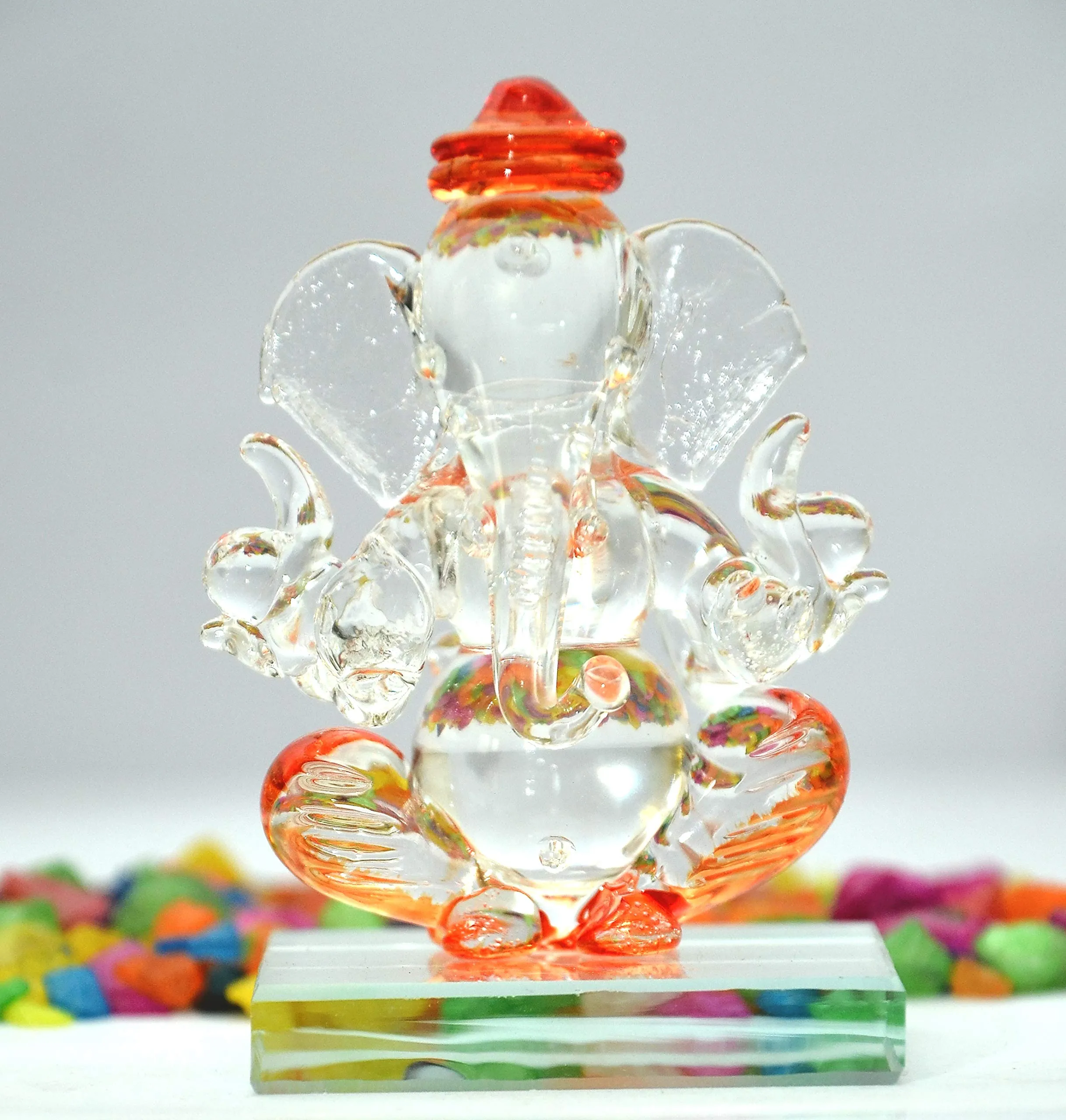 craftfry Crystal Glass Ganesha Double Face Ganesha Idol for Home Decorative Showpiece - 7.5 cm (Crystal, Orange)