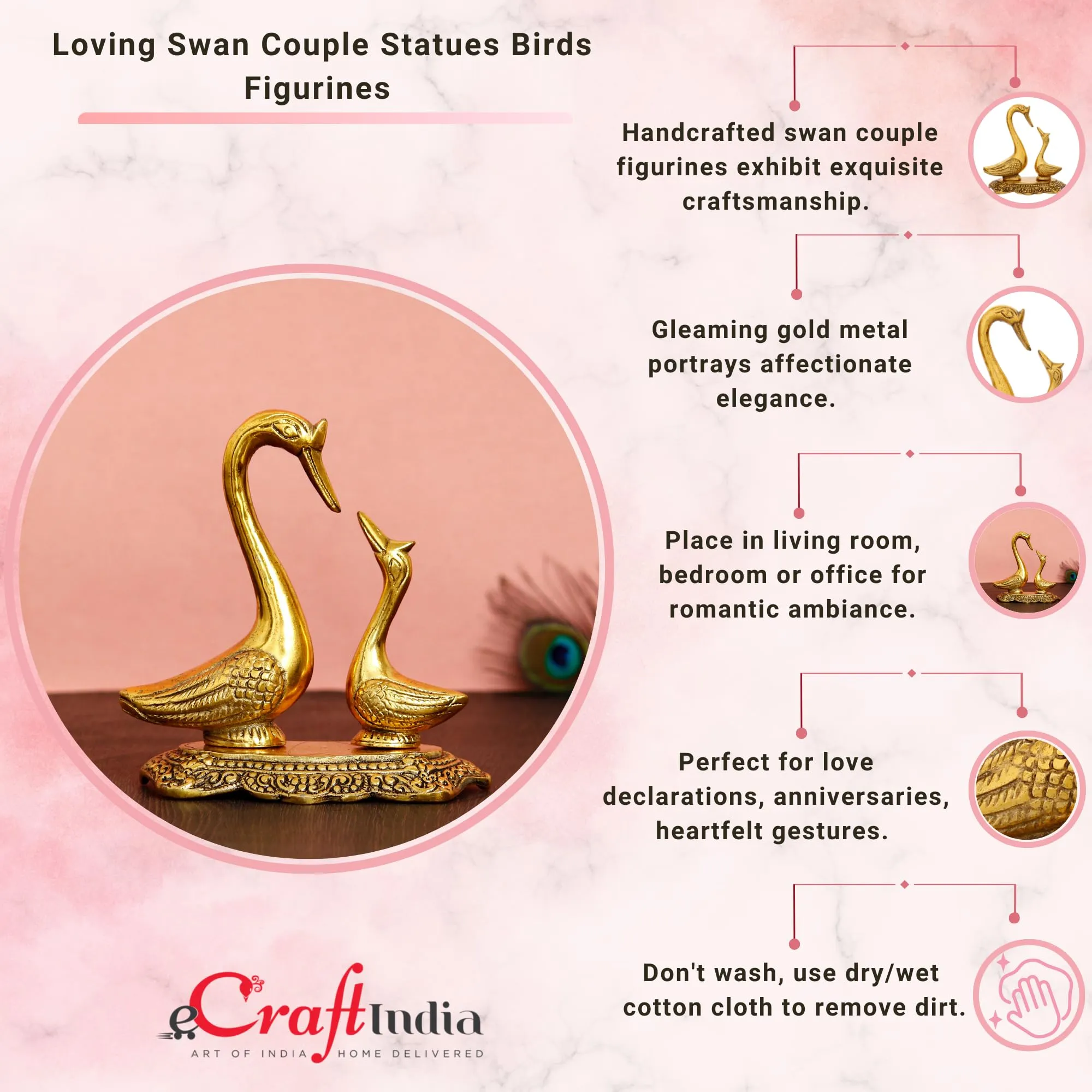 eCraftIndia Golden Metal Loving Swan Couple Showpieces, Love Birds Statues for Home Decor & Birthday, Anniversary, Valentine's Day Gift