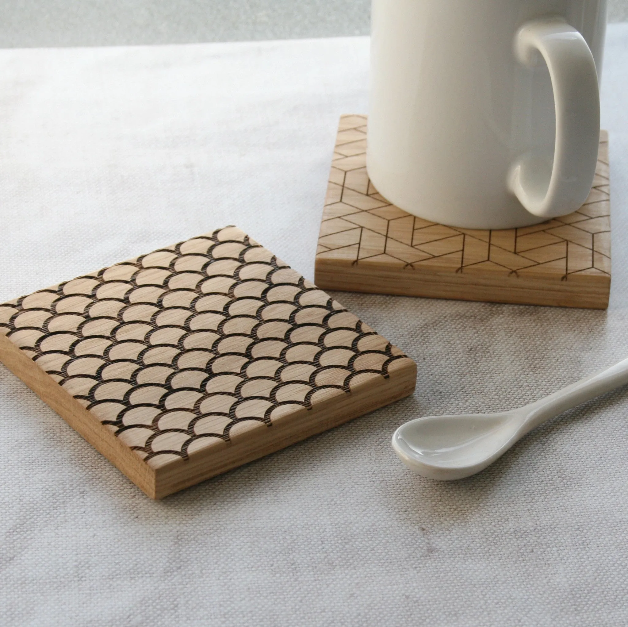 Geometric Engraved Oak Coasters