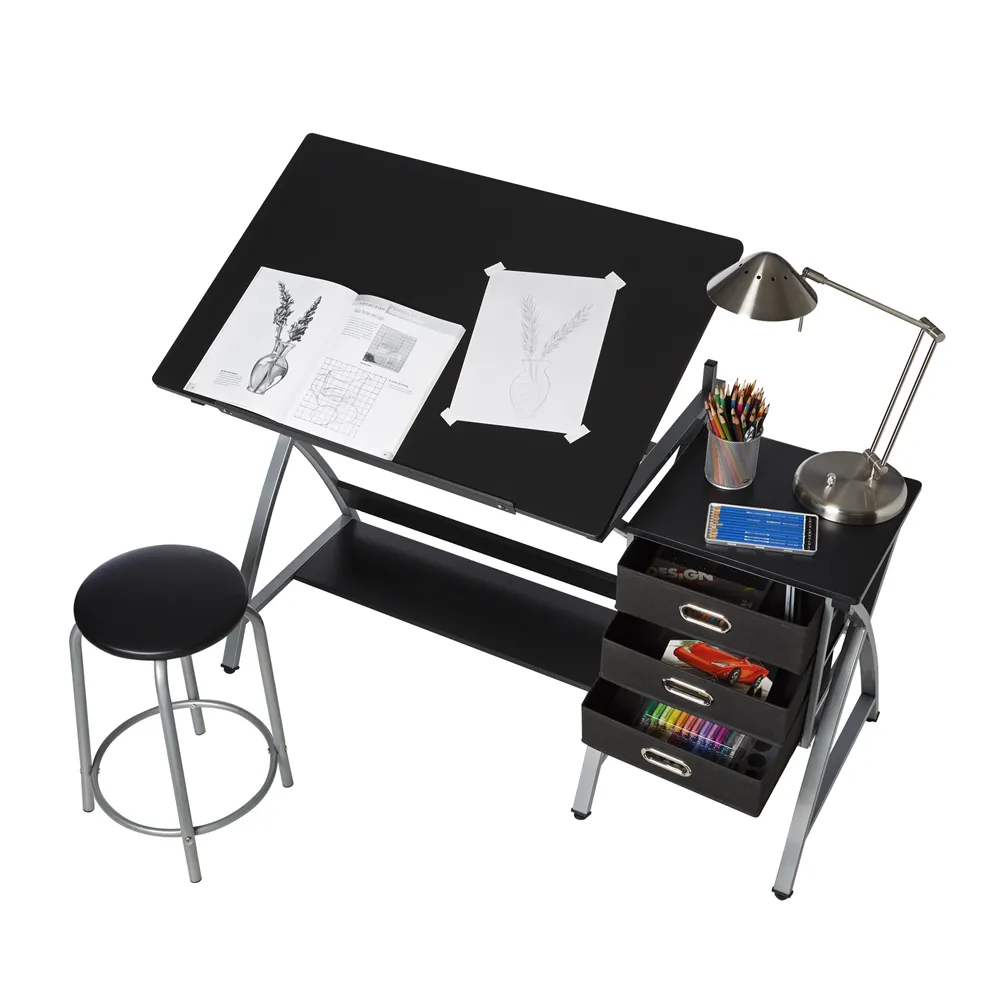 Icaria Drafting Table - Art & Crafts Desk with Storage, Stool & Clips