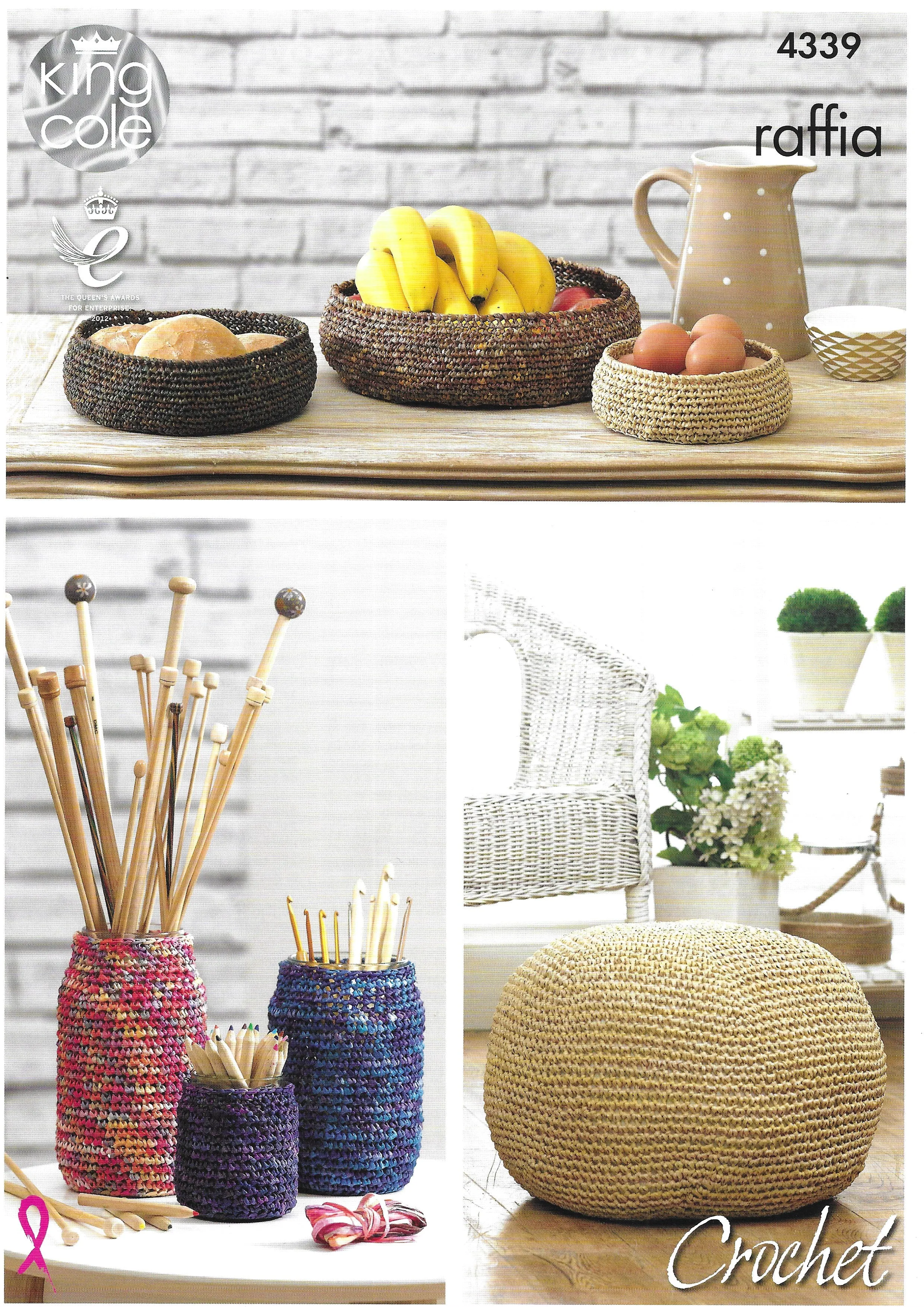 King Cole 4339 Storage Bowls, Jar Covers & Pouffe Raffia Aran Crochet Pattern