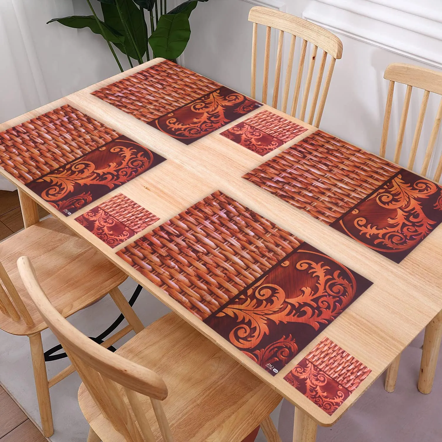 Kuber Industries Placemat | Table Placemats with Coasters | Table Placemats with Tea Coasters | Dining Table Placemats & Coasters Set | Rassa Placemat | 12 Piece Set | Brown