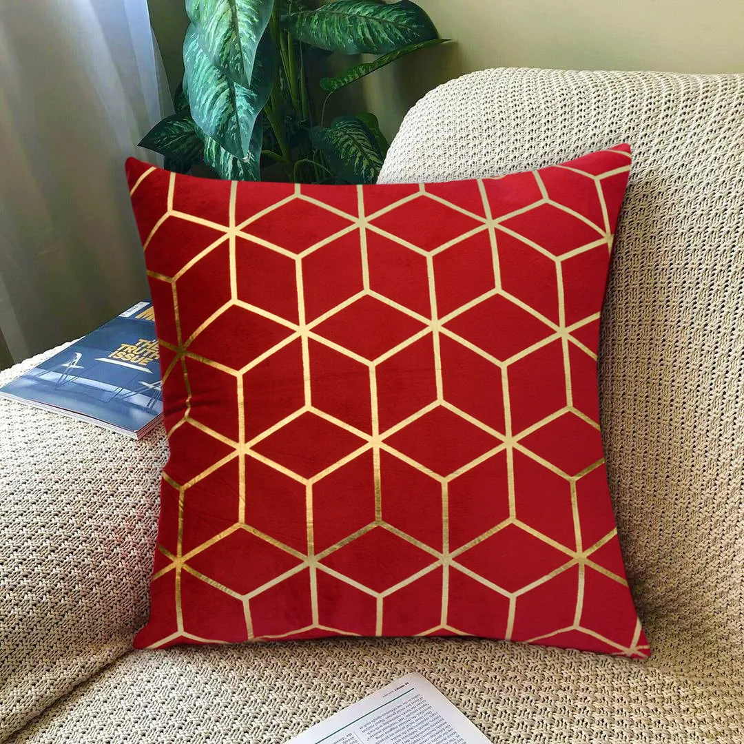 Luxury Foil Print Red and Golden Velvet Cushion 16 x 16 inches 1040006