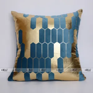 Luxury Foil Print Robbin Blue and Golden Velvet Cushion 16 x 16 inches 1040166