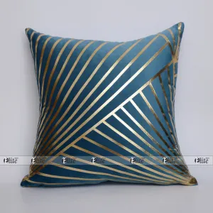 Luxury Foil Print Robbin Blue and Golden Velvet Cushion 16 x 16 inches 1040168