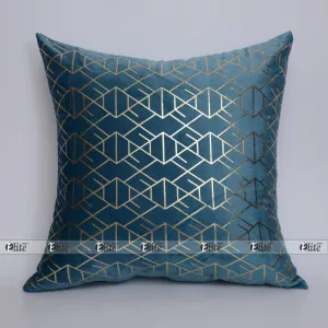 Luxury Foil Print Robbin Blue and Golden Velvet Cushion 16 x 16 inches 1040174