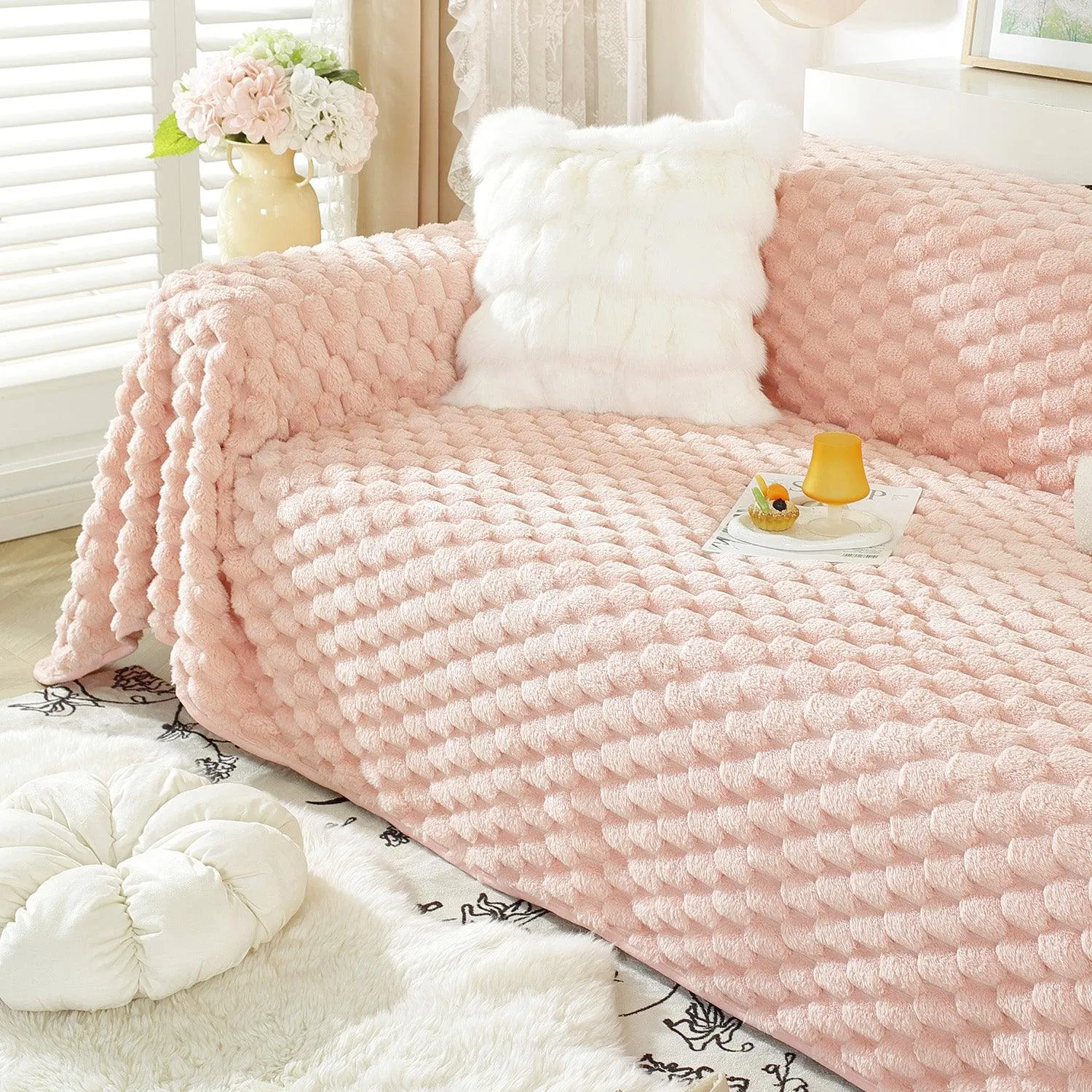 Luxury Rabbit Wool Plush Sofa Throw, Flamingo Pink