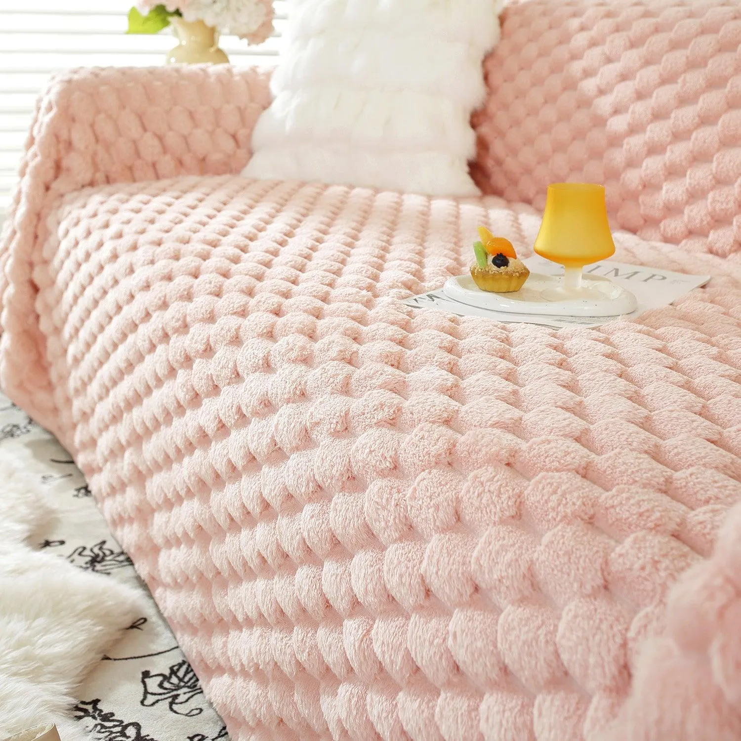 Luxury Rabbit Wool Plush Sofa Throw, Flamingo Pink