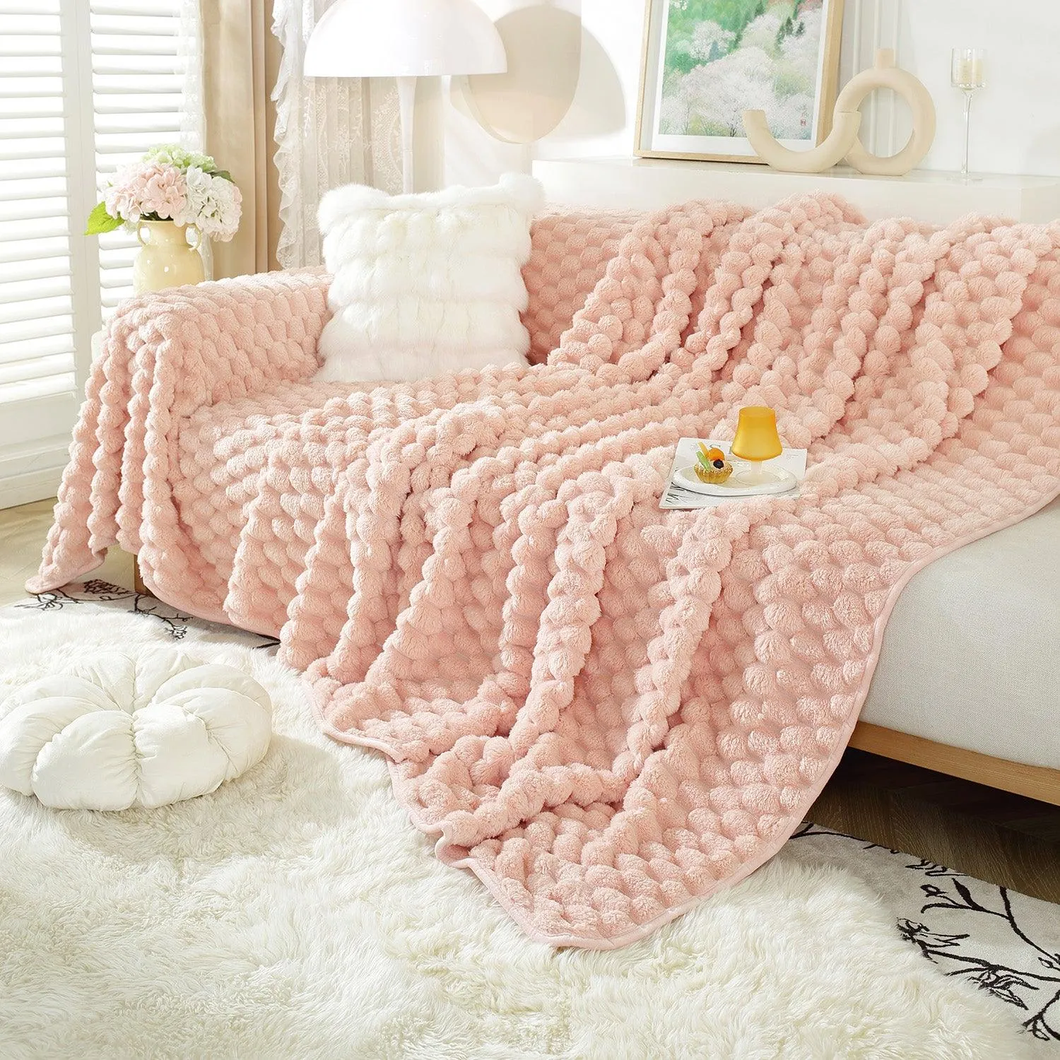 Luxury Rabbit Wool Plush Sofa Throw, Flamingo Pink