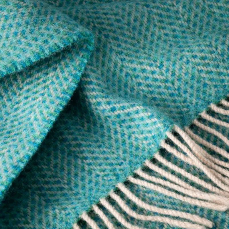 Merino and Cashmere Throw - Green and Aqua Herringbone - John Hanly