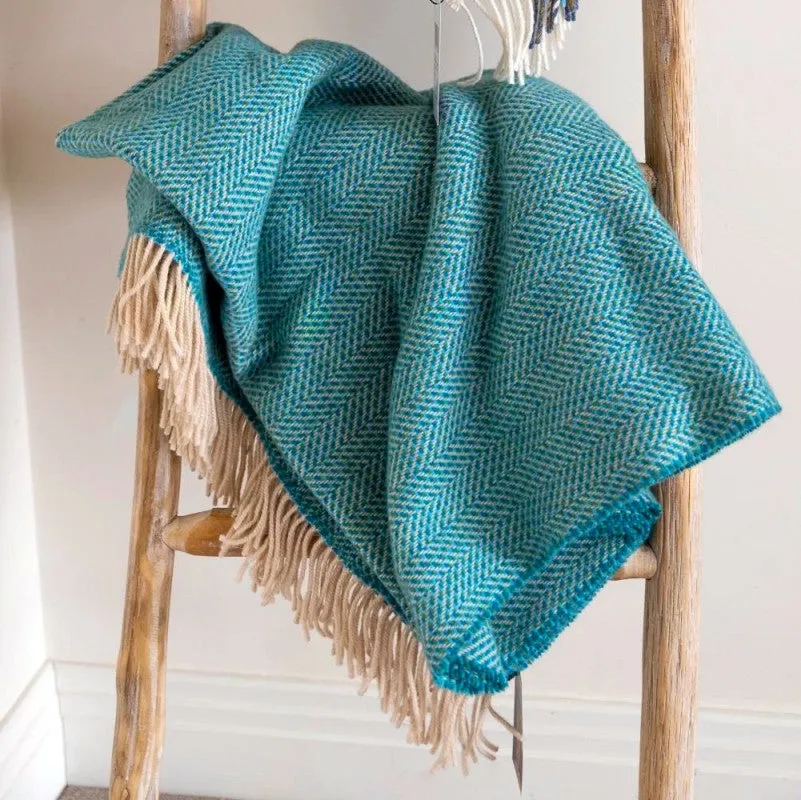 Merino and Cashmere Throw - Green and Aqua Herringbone - John Hanly