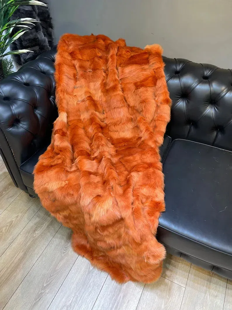 Orange Sheepskin Fur Fluffy Blanket, Elegant Natural Soft Fur Throw