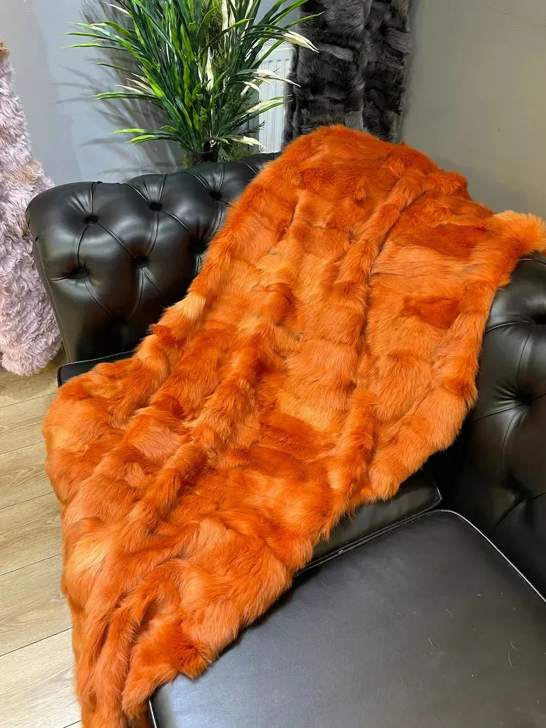 Orange Sheepskin Fur Fluffy Blanket, Elegant Natural Soft Fur Throw