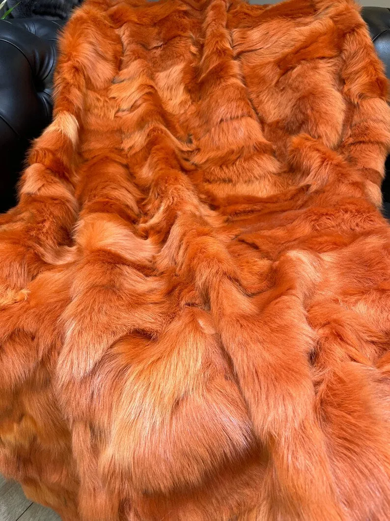 Orange Sheepskin Fur Fluffy Blanket, Elegant Natural Soft Fur Throw