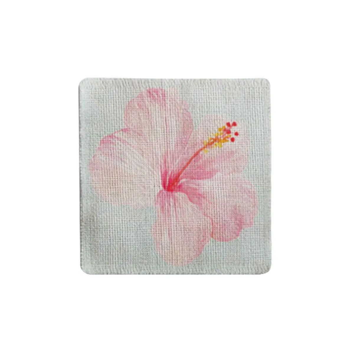 Pink Hibiscus On Blue Fabric Coaster