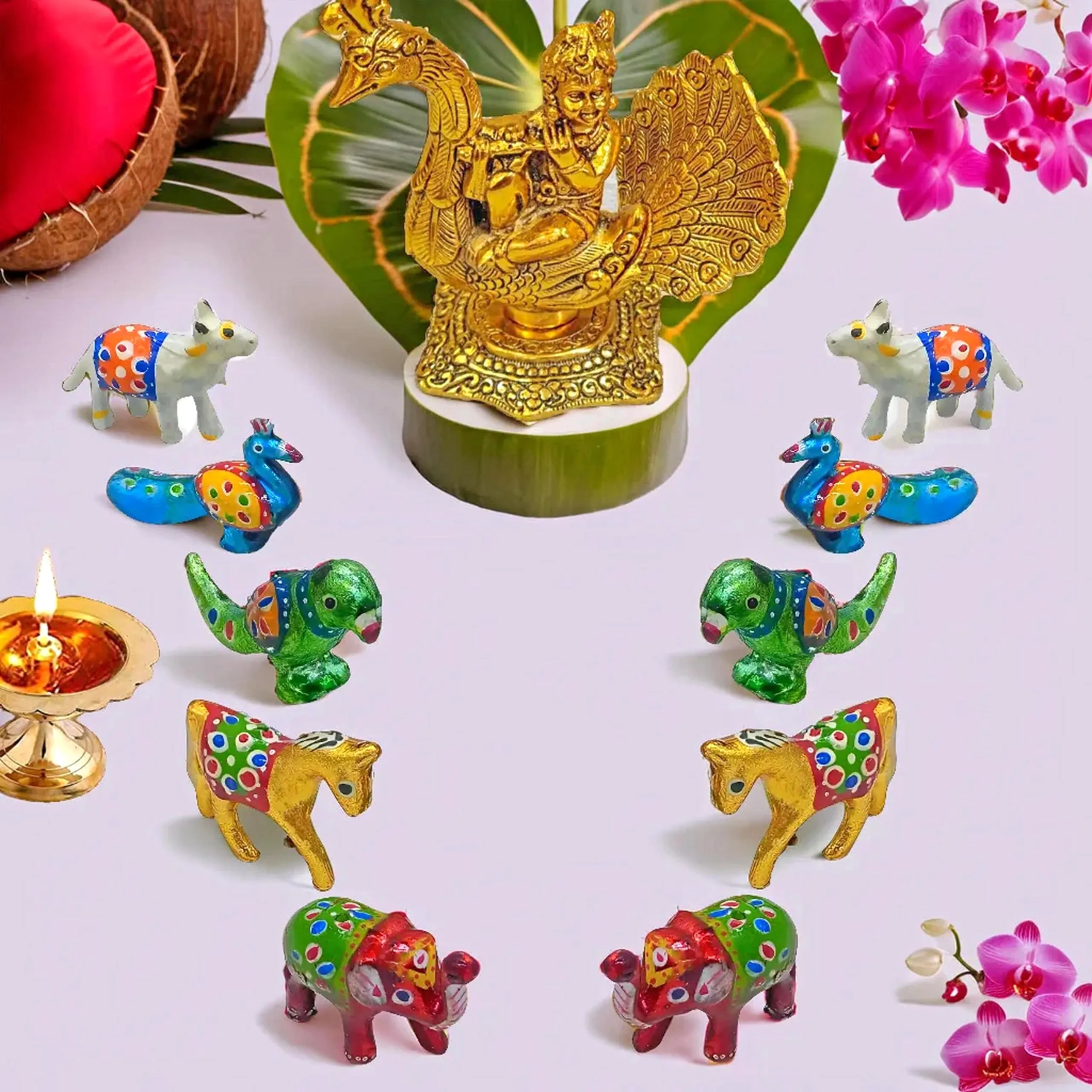 PINK SKY Acrylic Toys Set for Laddu Gopal ji, Fibers LAXMI JI/Ganesh JI/SARSWATI/Kanha Ji Temple Decor Hand Painted Animal Set of 10 Toys for Janmashtmi Animal Toy Set for Home and Temple Decoration