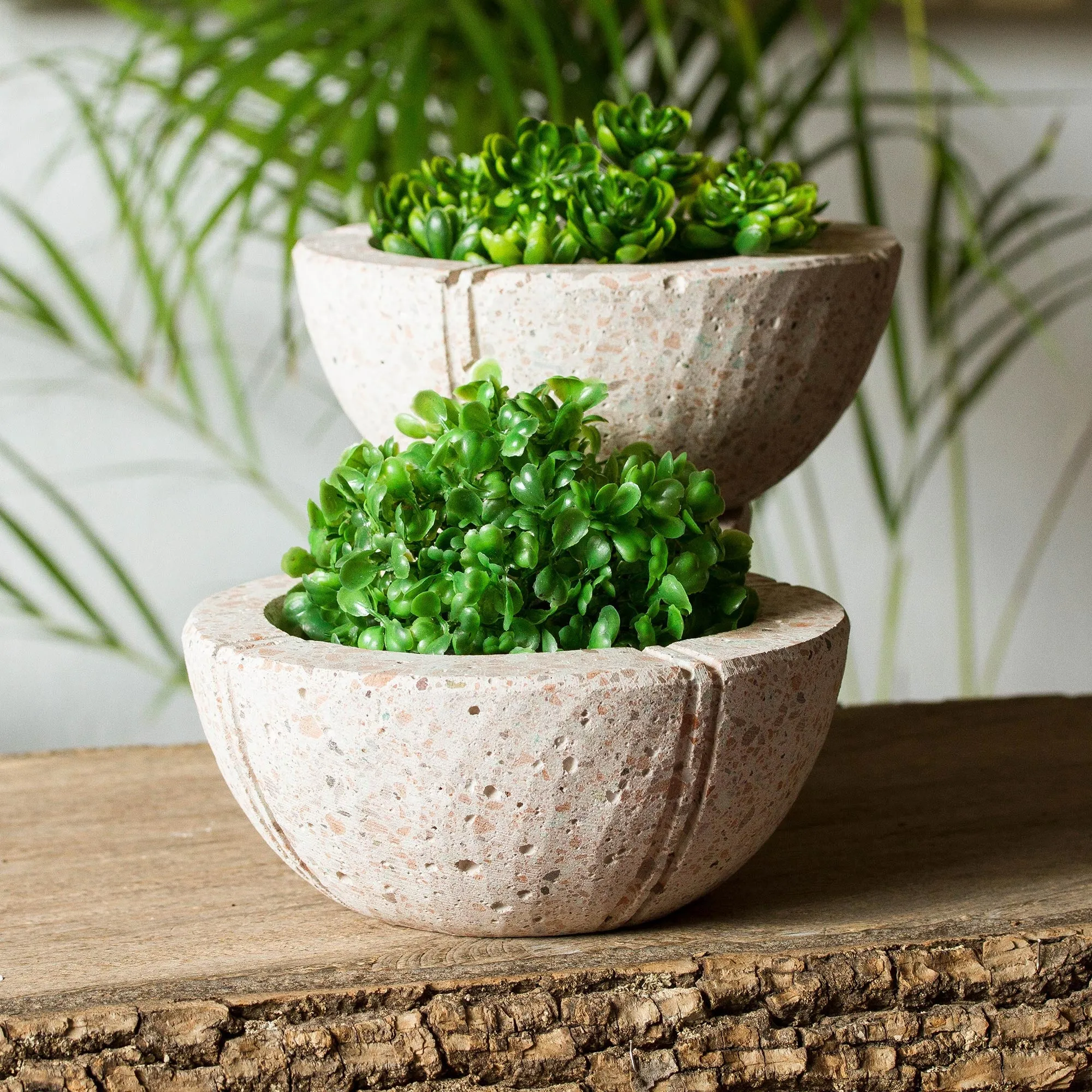 Round Reclaimed Stone Flower Pots from Mexico (Pair) - Verdant Bowls | NOVICA