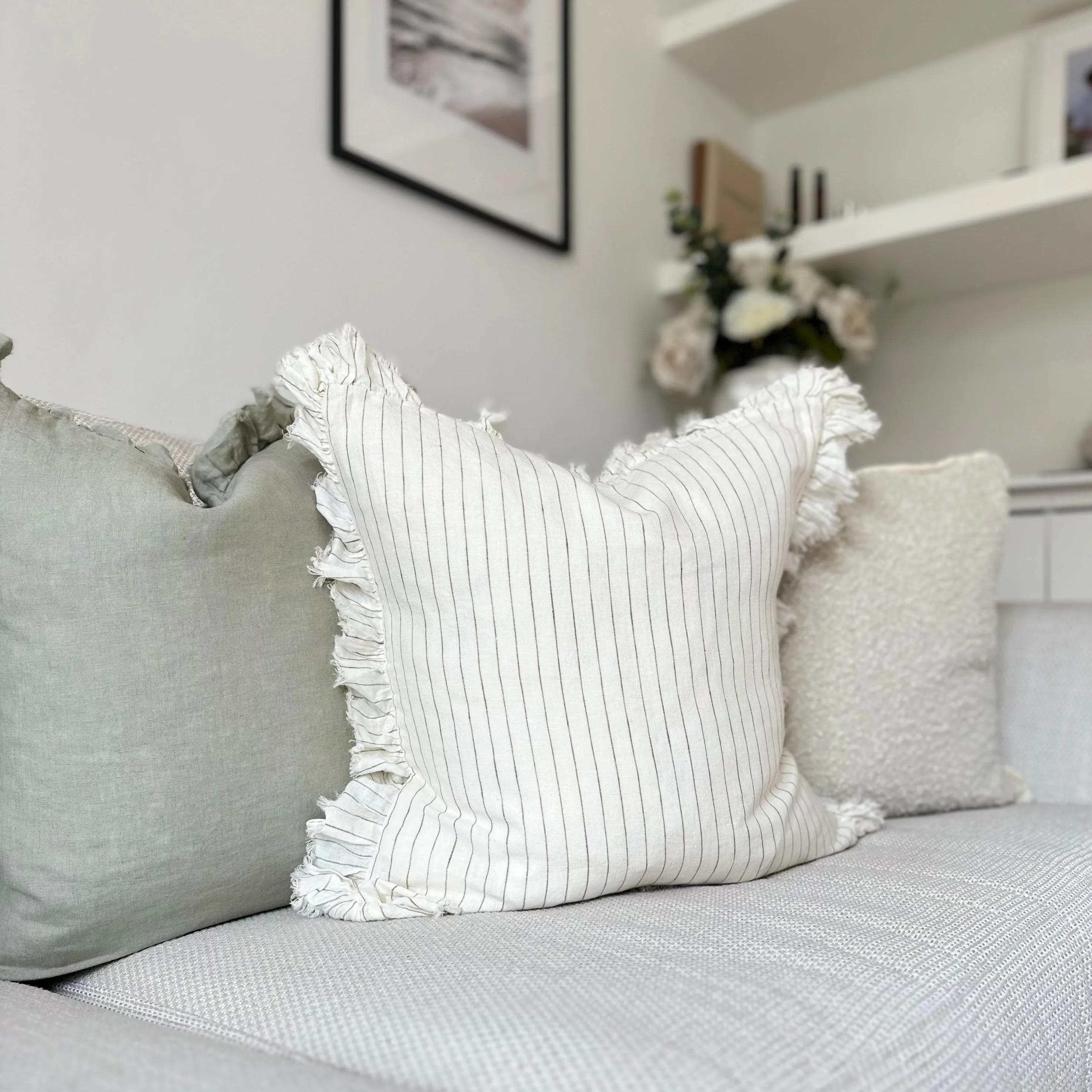 Ruffled Cream Cushion with Olive Pinstripe Stripe