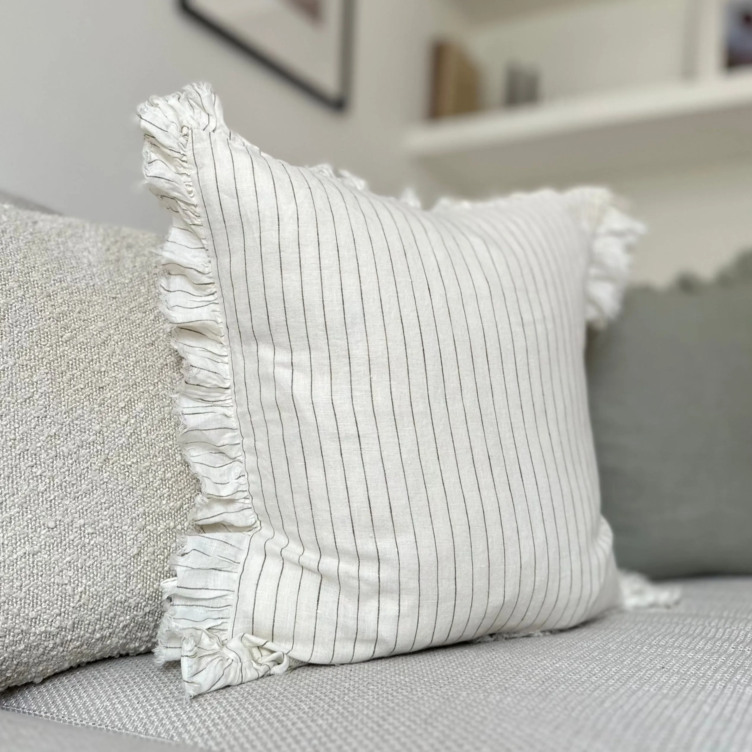 Ruffled Cream Cushion with Olive Pinstripe Stripe