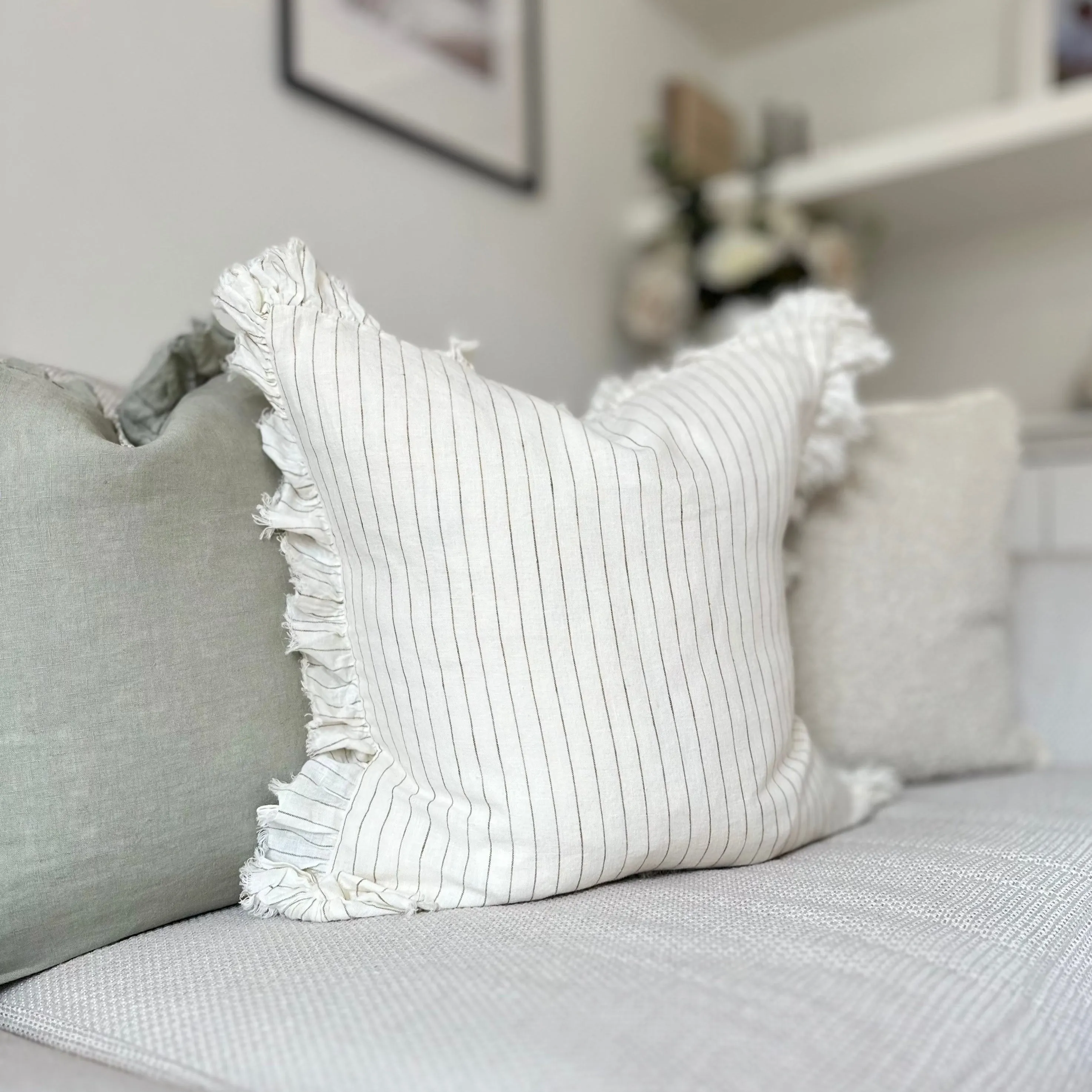 Ruffled Cream Cushion with Olive Pinstripe Stripe