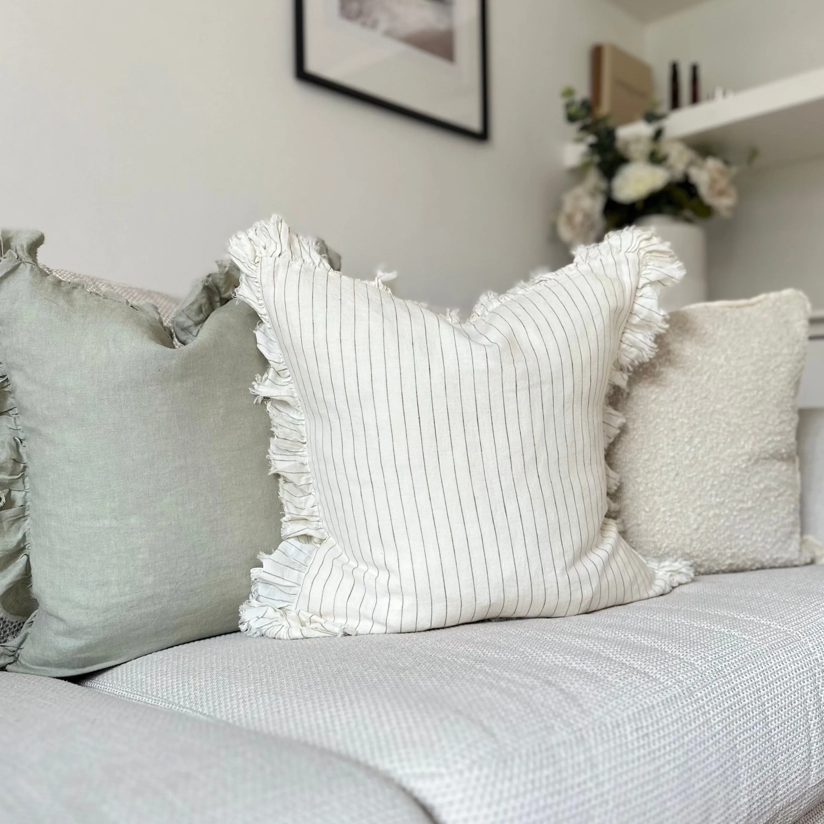 Ruffled Cream Cushion with Olive Pinstripe Stripe