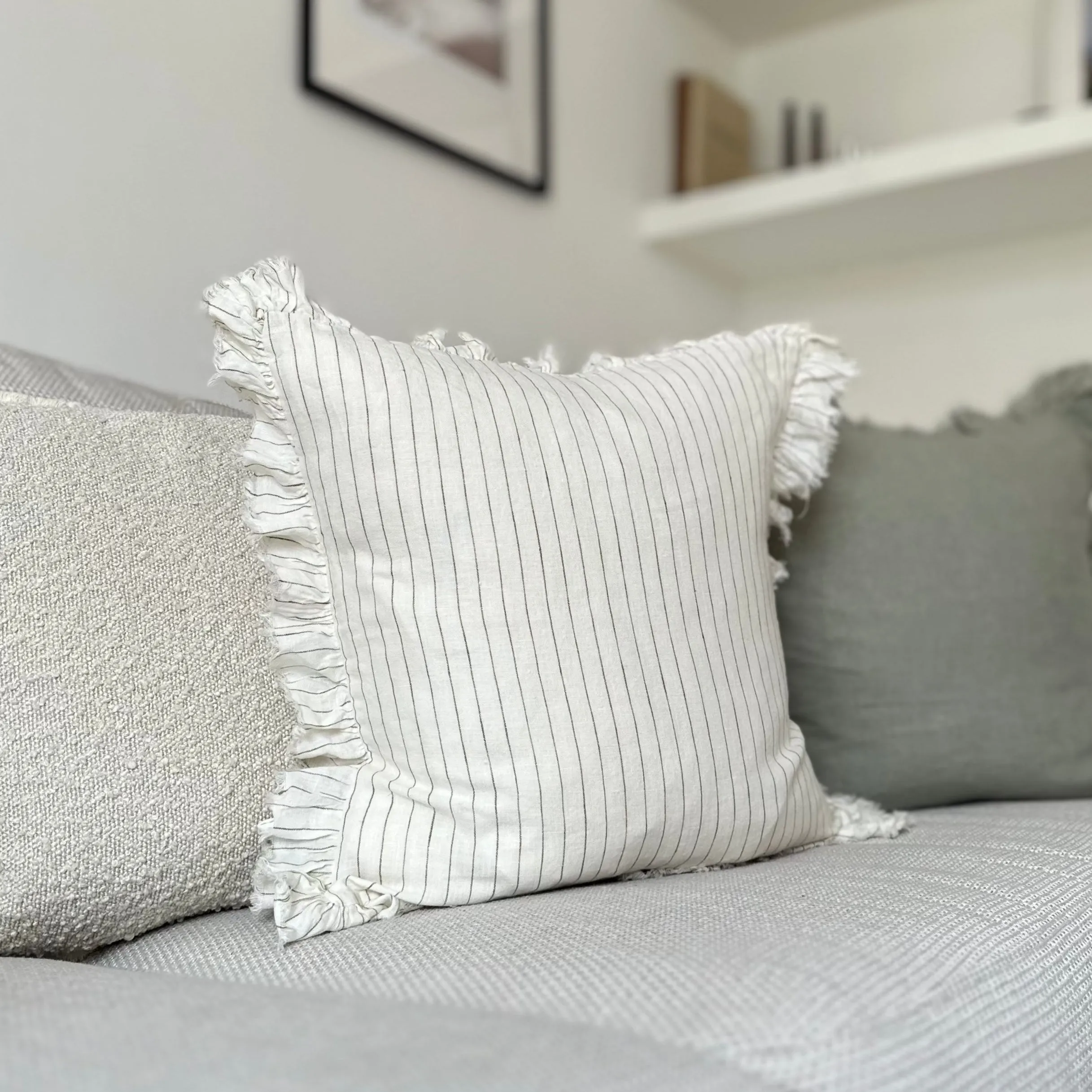 Ruffled Cream Cushion with Olive Pinstripe Stripe