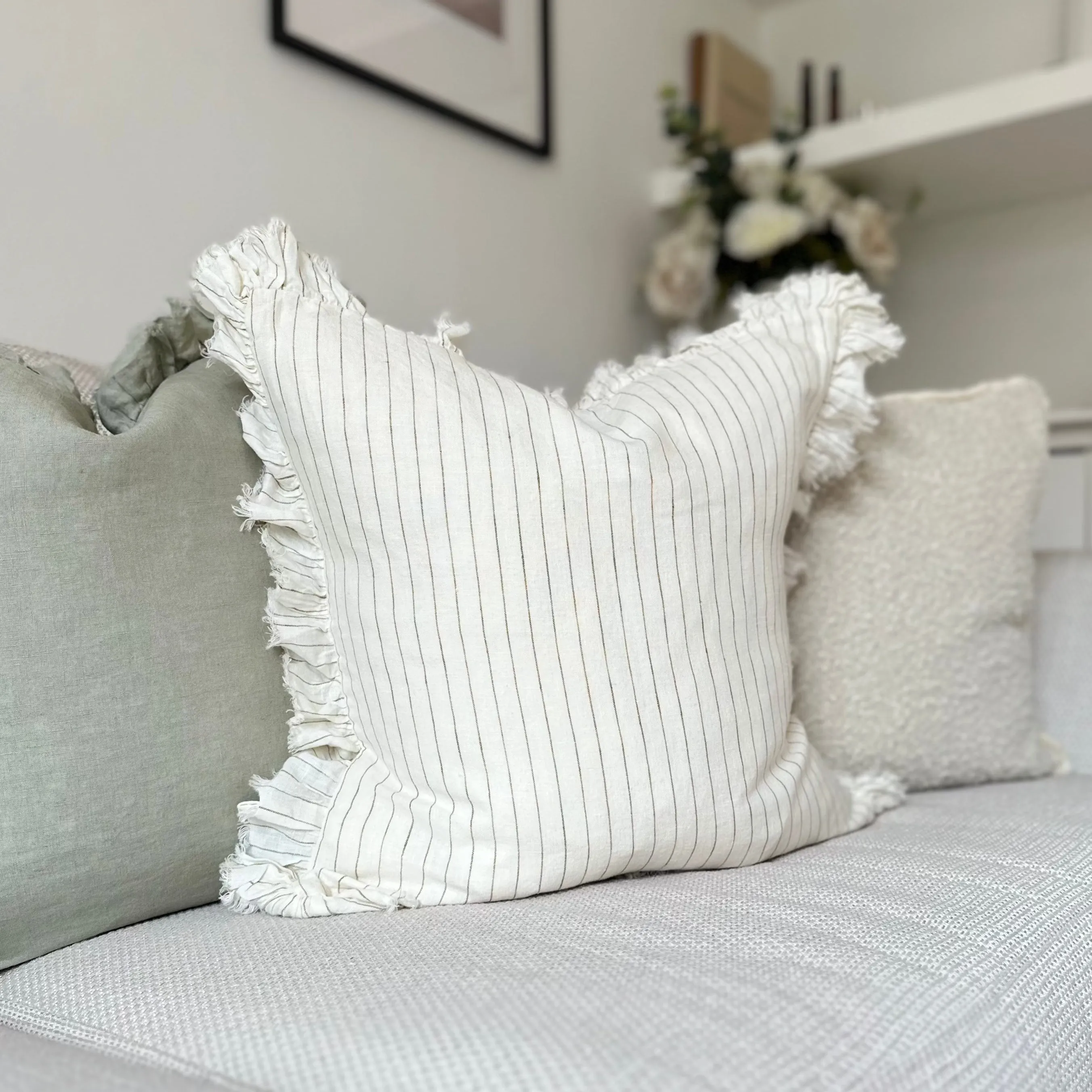 Ruffled Cream Cushion with Olive Pinstripe Stripe