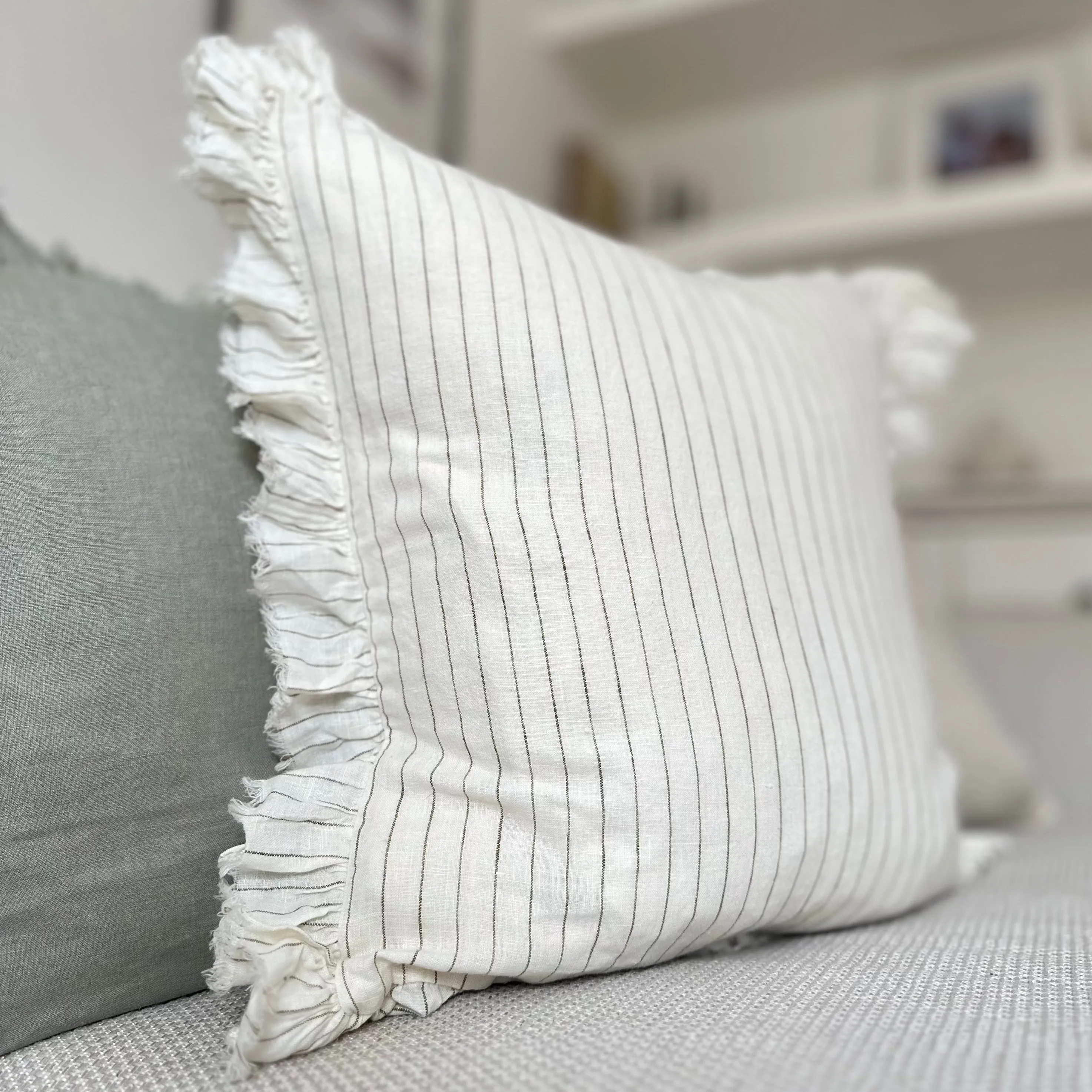 Ruffled Cream Cushion with Olive Pinstripe Stripe