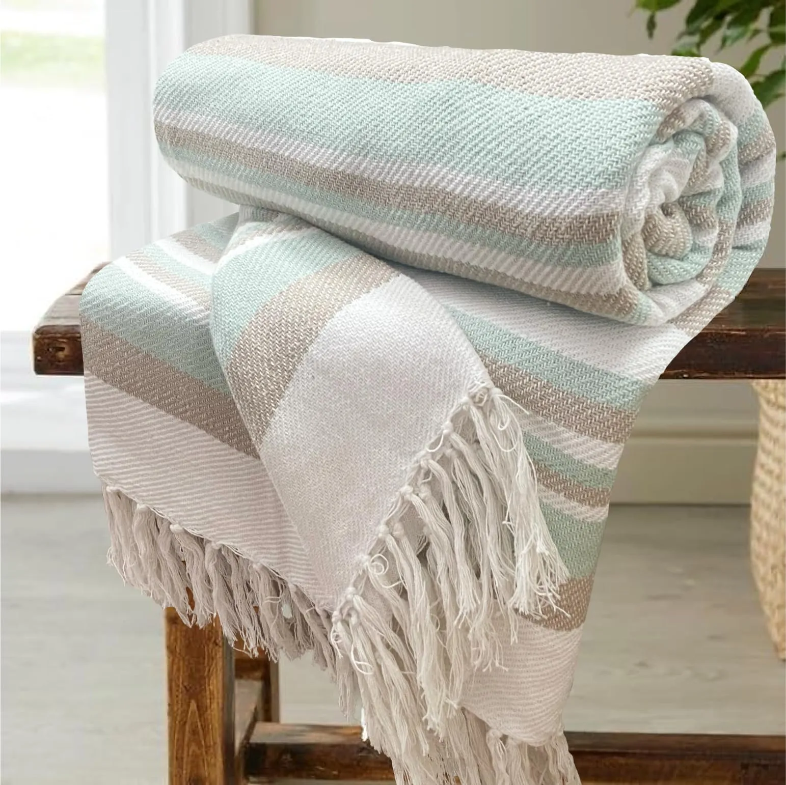 SAJAVAT HOME Hand-Knitted Pure Cotton Sofa Throw | Soft and Cozy Decorative Throw | 100x70 Inches / 254x178 Cm | Cream & Sky Blue Sofa with Tassels | Reversible and Breathable (Pack of 1)