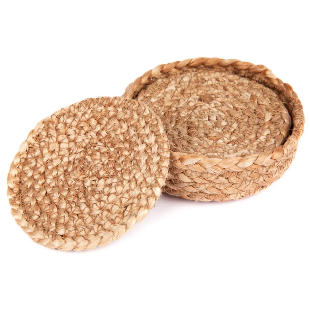 Set of 4 Willow 10 cm Natural Dining Jute Round Coaster with Holder