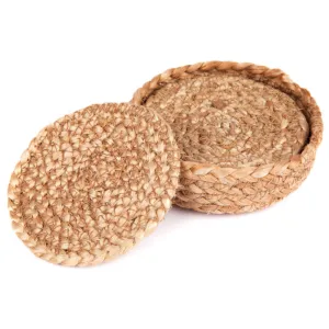 Set of 4 Willow 10 cm Natural Dining Jute Round Coaster with Holder