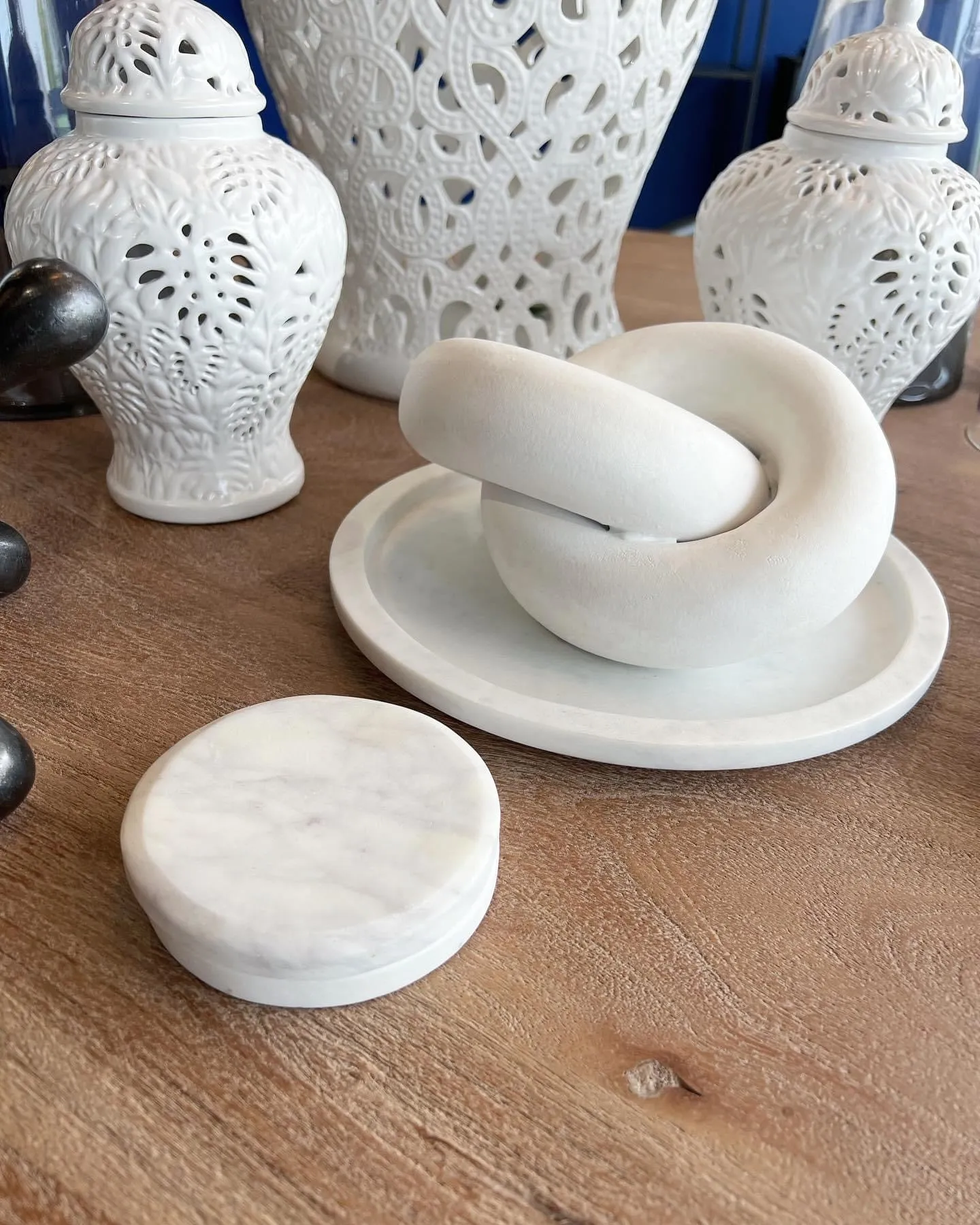 Set of Four Round White Marble Coasters