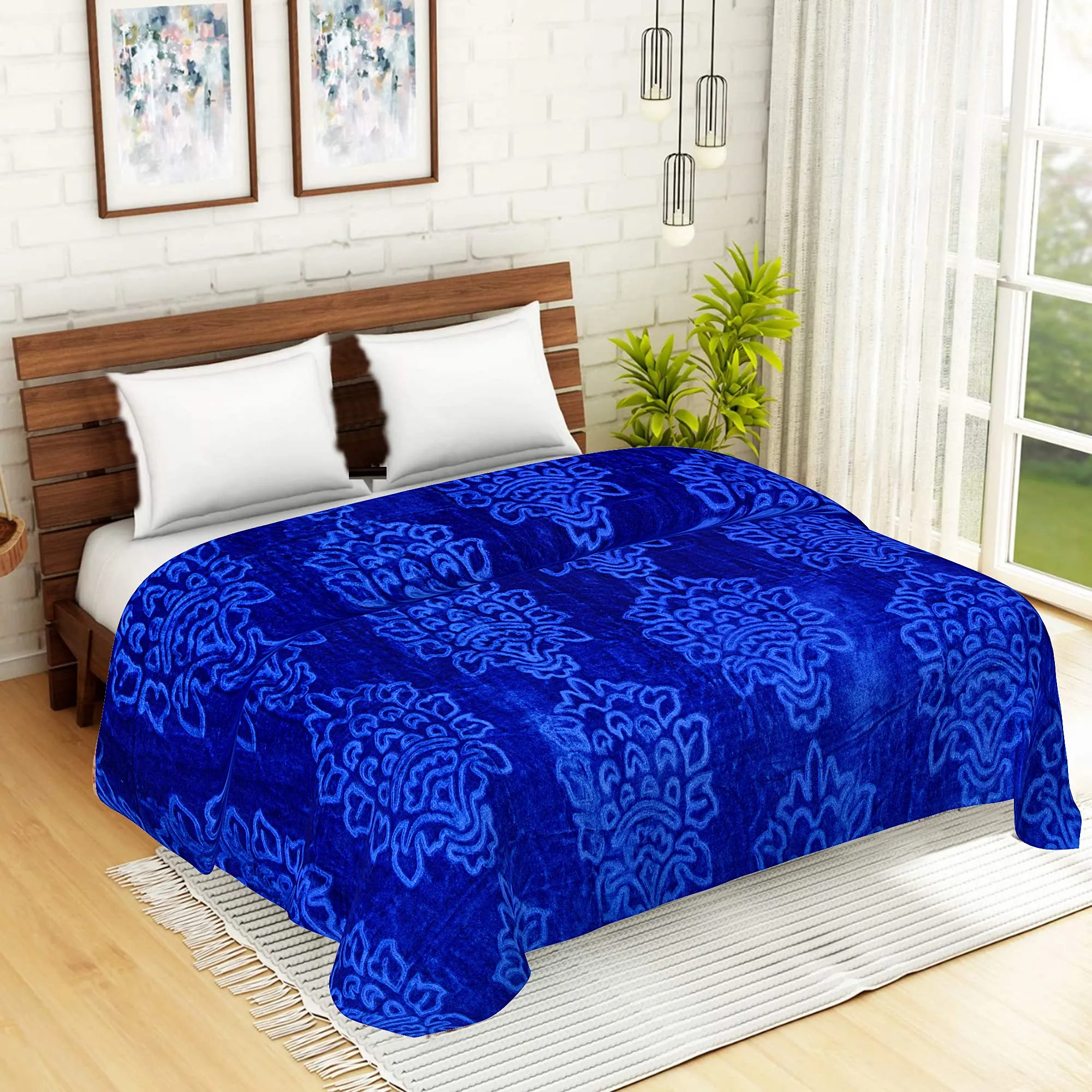 Spangle 144 TC Polyester Double Bed Blanket - Floral, Blue