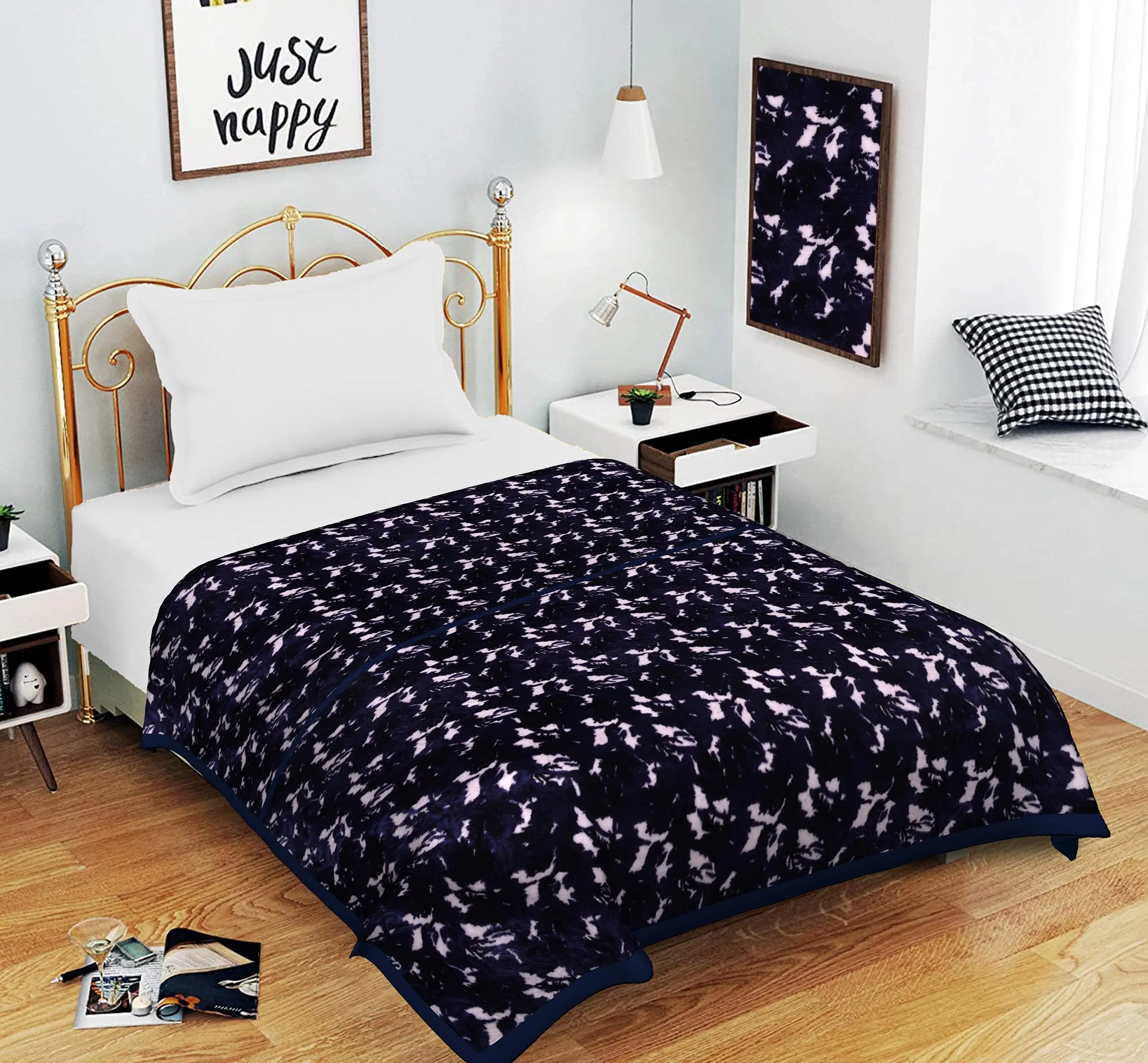 SPANGLE Printed Floral Self Warm Soft Luxurious 480 TC Micro Fibre Single Bed Blanket (Blue)