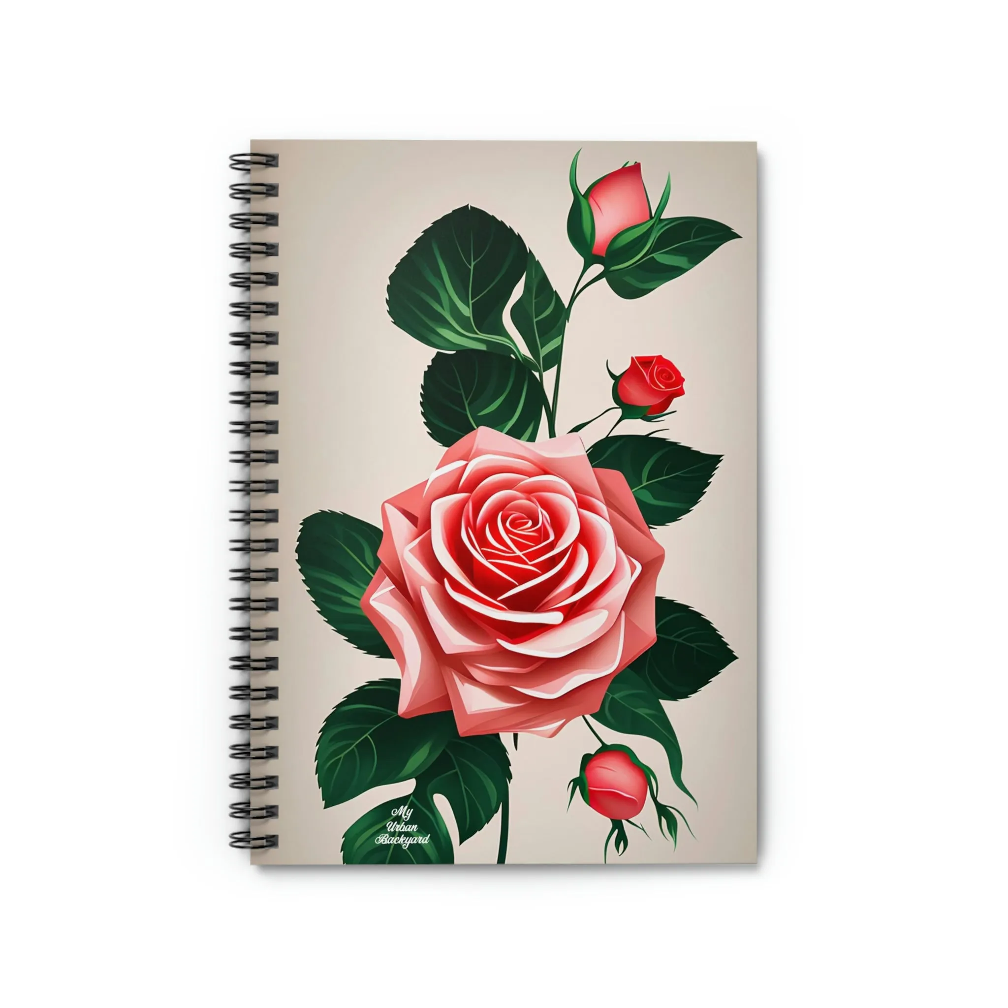 Spiral Notebook Writing Journal with 118 ruled line pages - Pink Rose Flowers