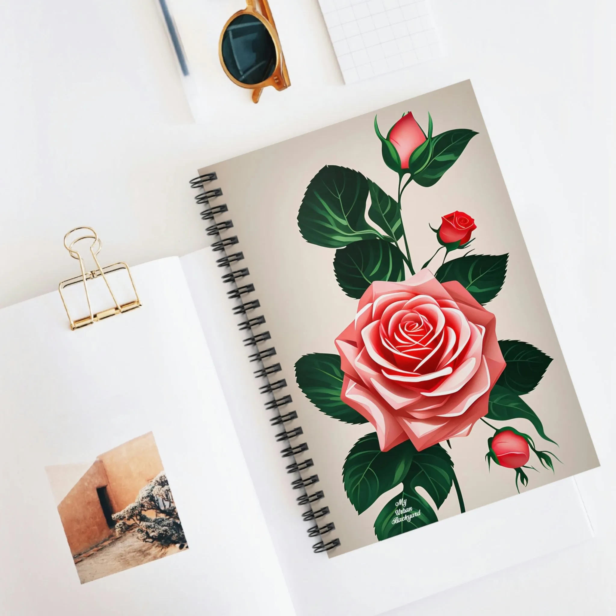 Spiral Notebook Writing Journal with 118 ruled line pages - Pink Rose Flowers