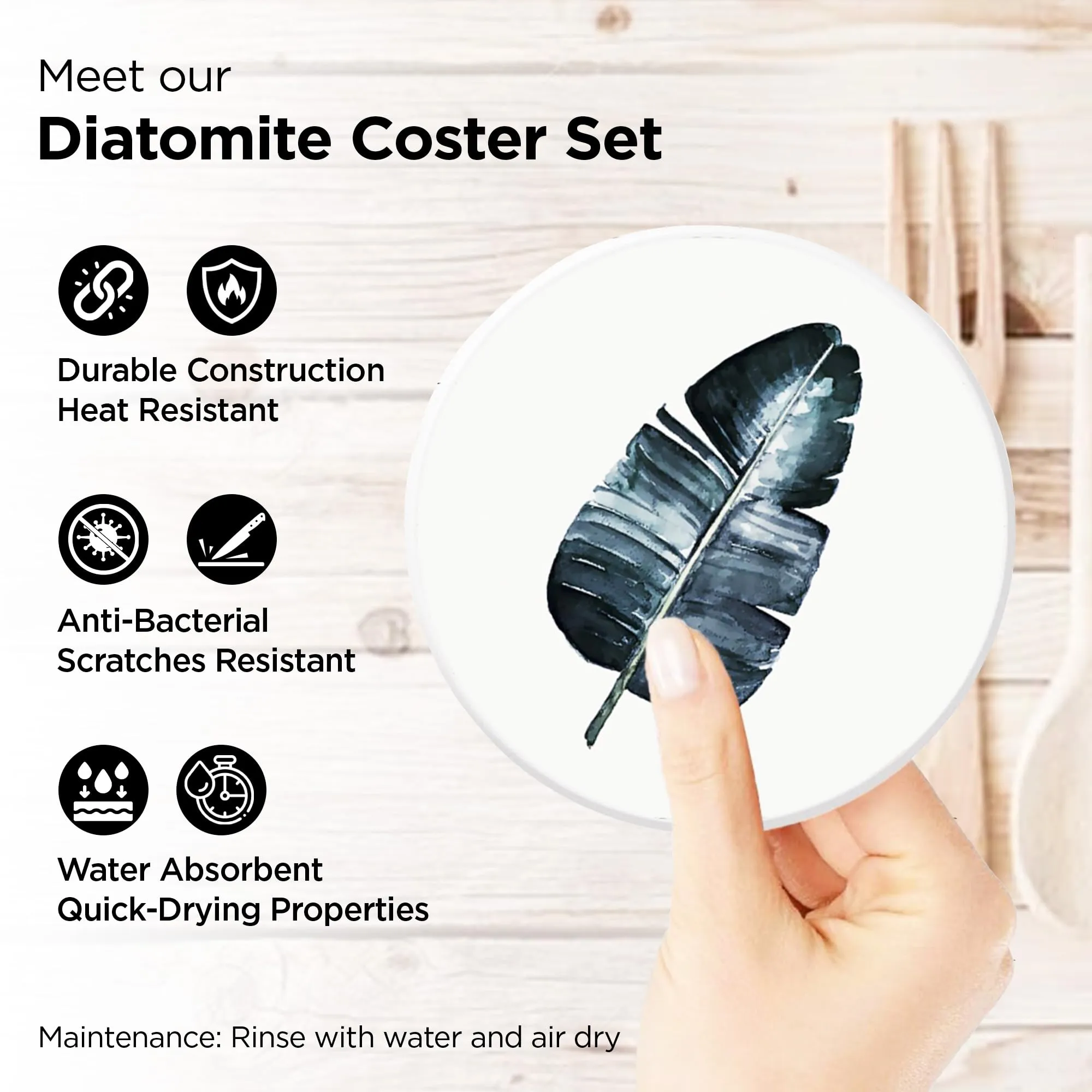 UMAI Diatomite Coaster Set of 6 with Cork Steel Holder (Dia - 10cm, Thick - 8mm) | Absorbent Coasters for Drinks Coffee Glasses | Dining Table Decor Accessories (Leaf Print)