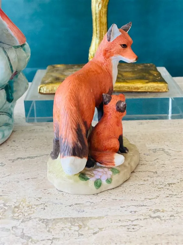 Vintage Homco Mother and baby fox figurine, Malaysa