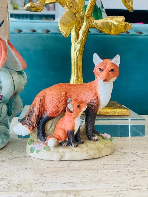 Vintage Homco Mother and baby fox figurine, Malaysa