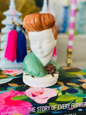 Vintage Lady Head Planter  Mid Century Modern Redhead in Green Dress