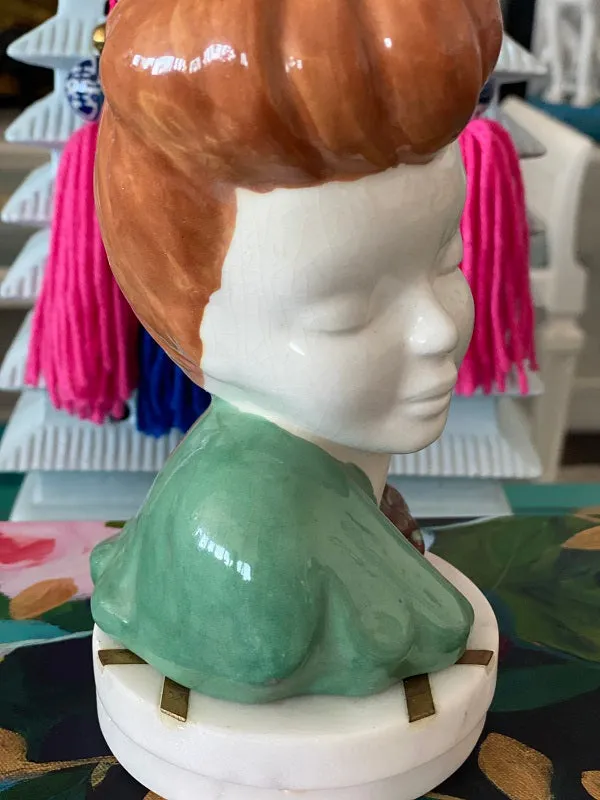 Vintage Lady Head Planter  Mid Century Modern Redhead in Green Dress