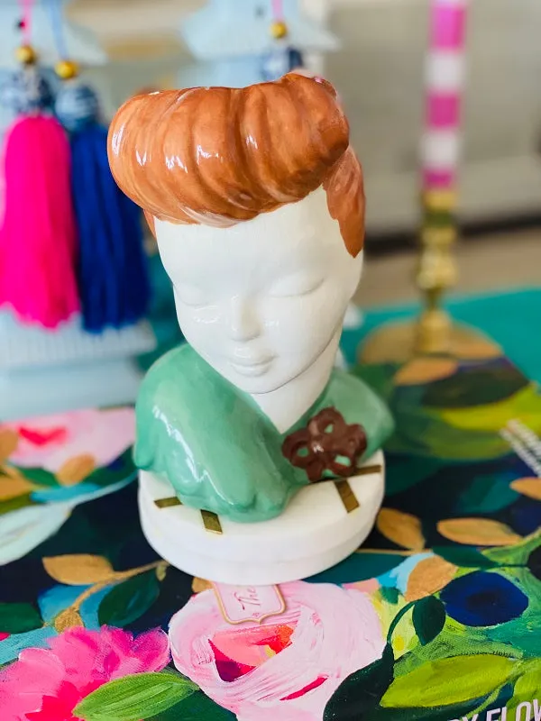 Vintage Lady Head Planter  Mid Century Modern Redhead in Green Dress