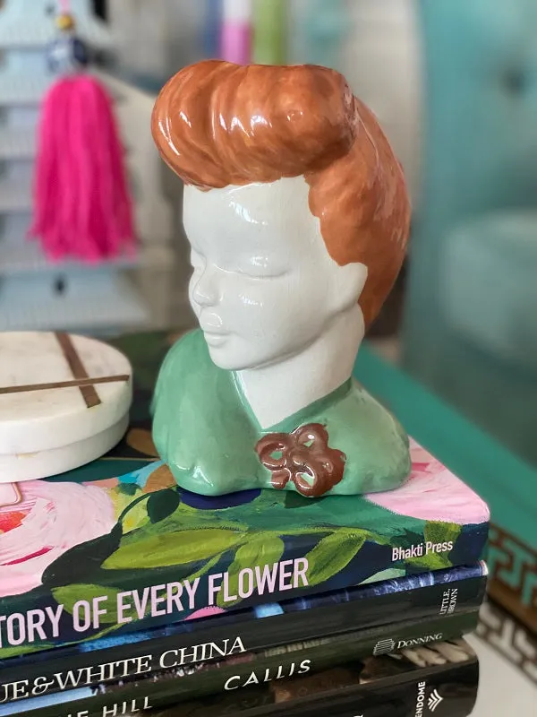 Vintage Lady Head Planter  Mid Century Modern Redhead in Green Dress