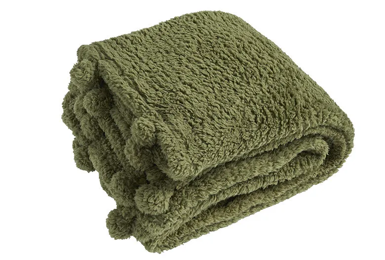 Walton & Co 180cm Sherpa Fluffy Fleece Pom-pom Throw Olive Green